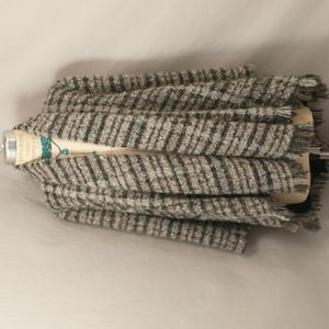 Nubby Textural Woven Wool Swing Coat Blanket Fringe Zara md Spain Neutral Plaid